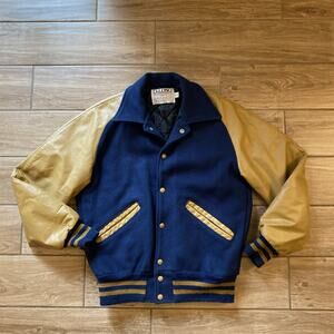 Vintage DeLong Letterman Jacket Size Small Blue/Beige 80s Wool
